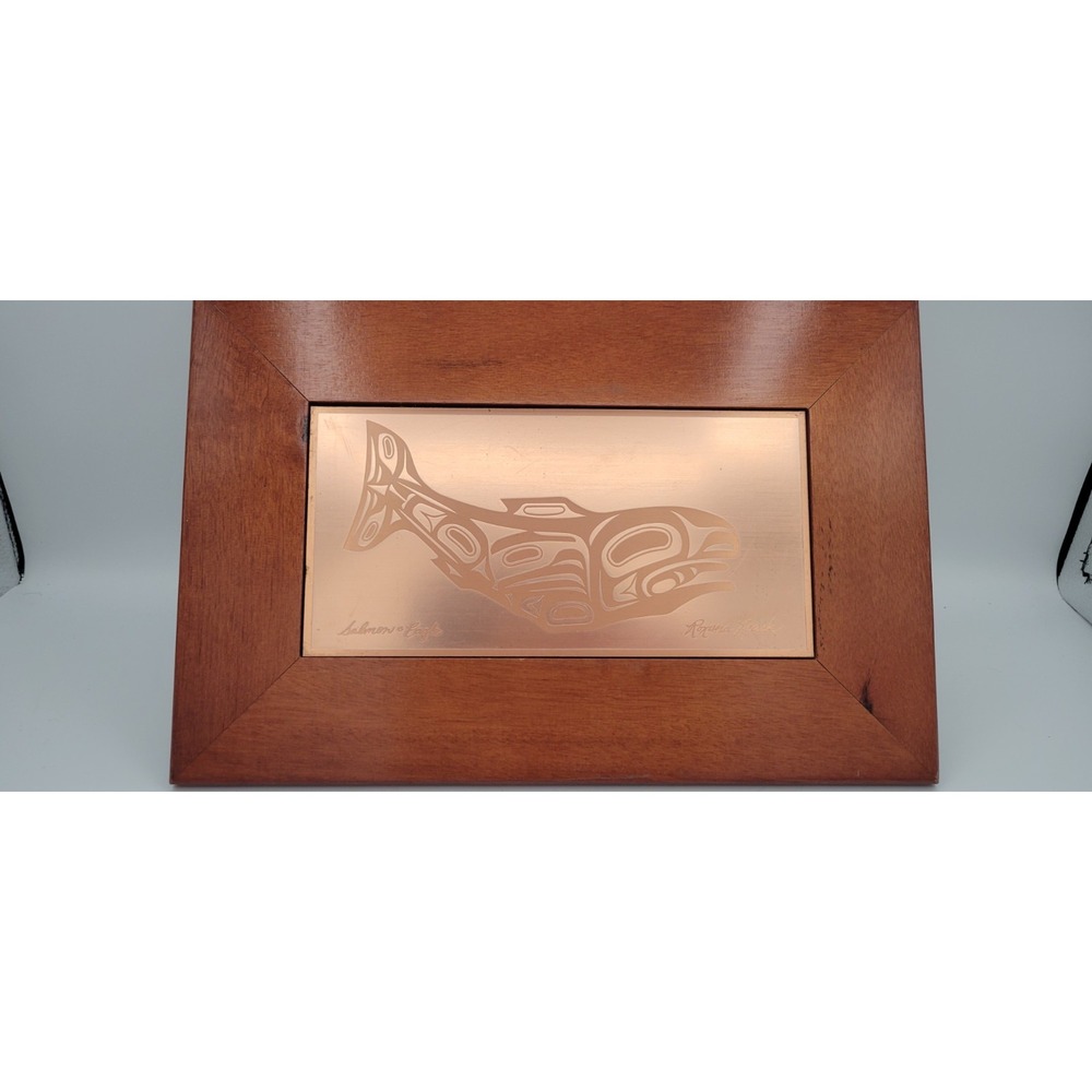 Roxana Leask Salmon and Eagle Copper Cherry Finish Trinket Box 11.5 x 7.5 x 2 in